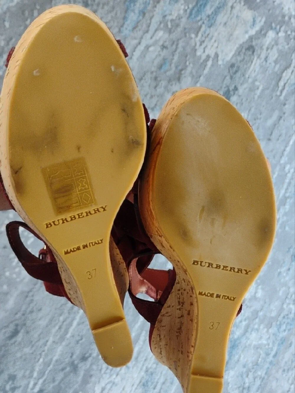 Burberry Burgundy Suede Cork Wedge Sandals